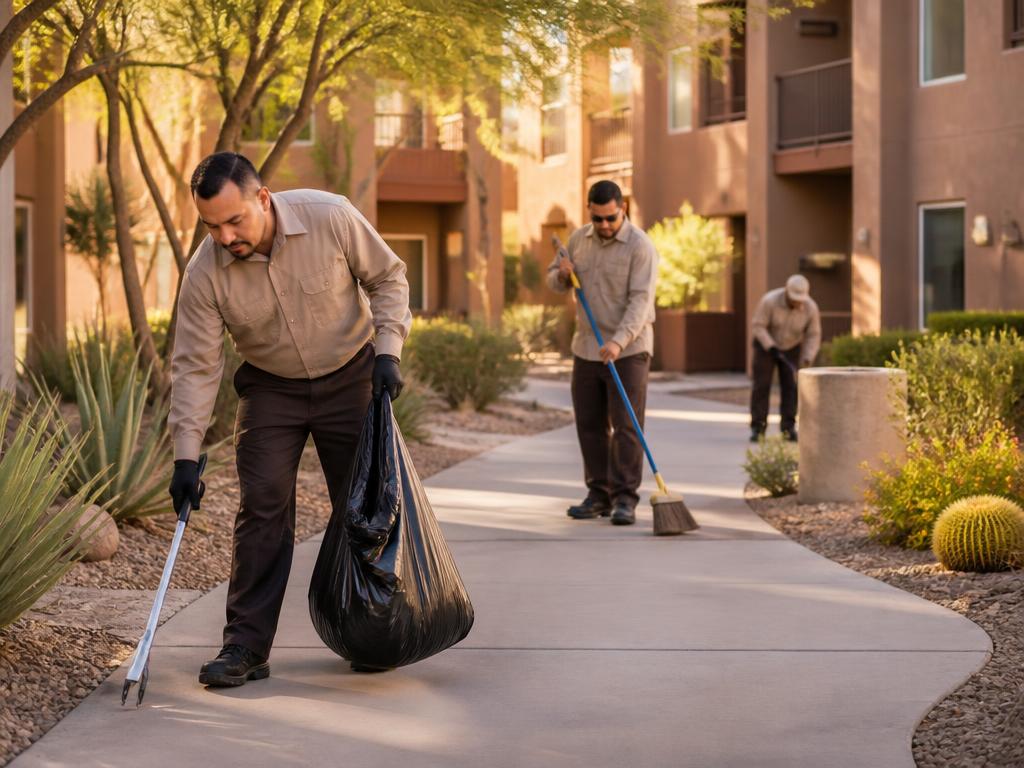 Cleaning crew maintaining an Arizona apartment community walkway